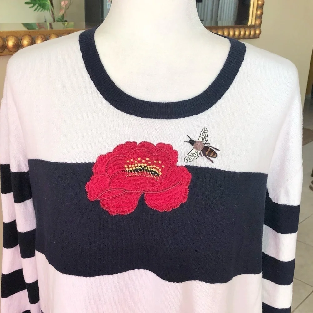 Elliott Lauren Embroidered Navy Striped Knit Pullover Cotton Sweater Large